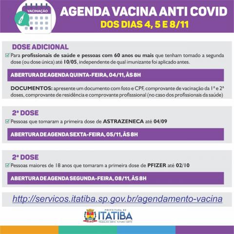 Agenda de vacinação anti Covid-19 - 04 de novembro de 2021